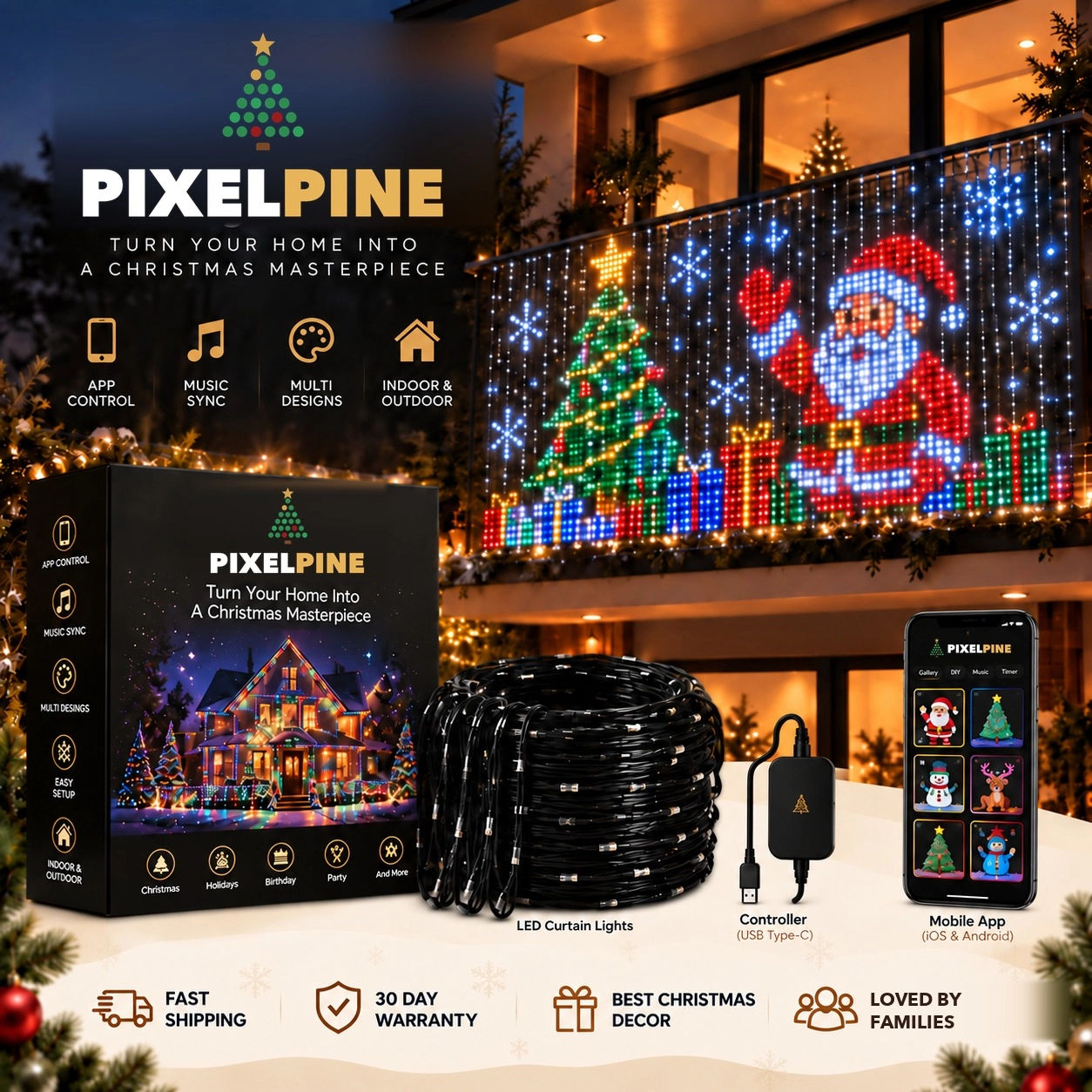 PixelPine™ Curtain - Smart Animated Christmas Lights